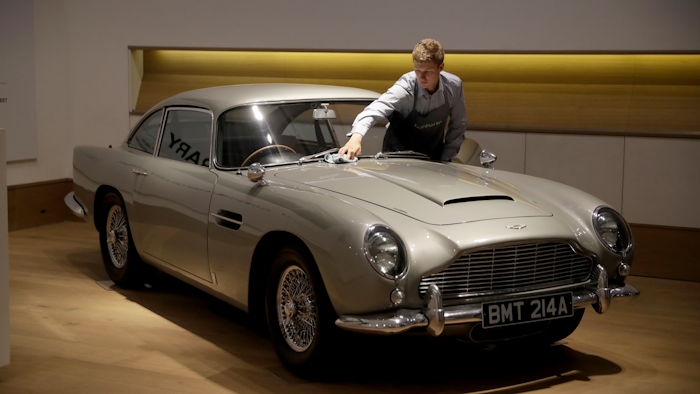 The 1965 Aston Martin DB5 driven by actor Pierce Brosnan in his role as James Bond in the 1995 movie GoldenEye at Bonhams auction house in London.