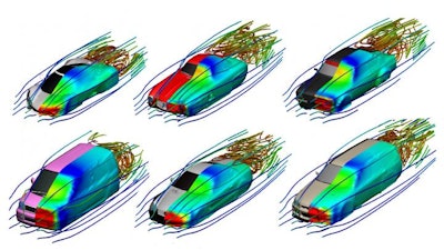 The new software instantly shows stream lines as well as pressure on the surface (color-coded) of interactively deformable shapes.