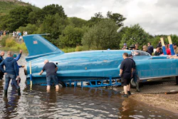 The restored Bluebird K7, which crashed killing pilot Donald Campbell in 1967, takes to the water for the first time in more than 50 years off the Isle of Bute on the west coast of Scotland.