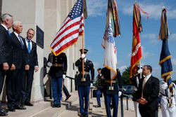 Vice President Mike Pence, center, is greeted by Deputy Secretary of Defense Pat Shanahan, right, and Secretary of Defense Jim Mattis before speaking at an event on the creation of a United States Space Force at the Pentagon.