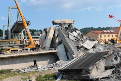 A view of the collapsed Morandi highway bridge, in Genoa, Italy, Sunday, Aug. 19, 2018.