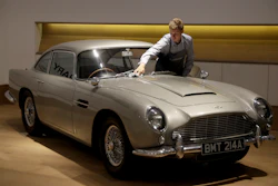 The 1965 Aston Martin DB5 driven by actor Pierce Brosnan in his role as James Bond in the 1995 movie GoldenEye at Bonhams auction house in London.