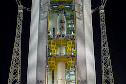 Aeolus in the launch tower ahead of its liftoff from Europe’s Spaceport in Kourou, French Guiana.