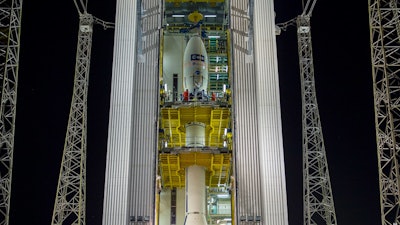 Aeolus in the launch tower ahead of its liftoff from Europe’s Spaceport in Kourou, French Guiana.