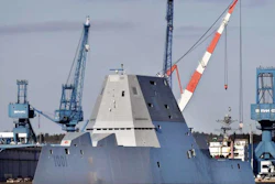 In this Dec. 4, 2017 file photo, the future USS Michael Monsoor leaves Bath Iron Works for sea trials in Bath, Maine.