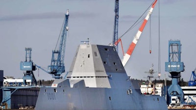 In this Dec. 4, 2017 file photo, the future USS Michael Monsoor leaves Bath Iron Works for sea trials in Bath, Maine.