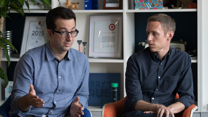 In this Friday, June 15, 2018, photo, co-founders and co-CEOs of Harry's Inc., Jeff Raider, left, and Andy Katz-Mayfield speak during an interview with The Associated Press at company headquarters in New York.