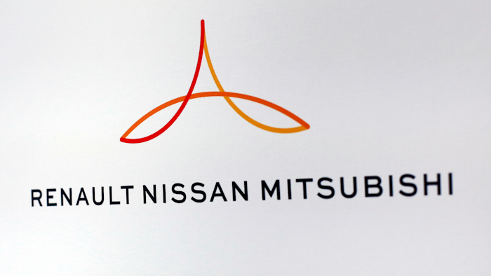 This Friday Sept. 15, 2017 file photo shows the new logo of the Renault-Nissan-Mitsubishi alliance during a press conference in Paris, France.