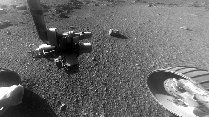 This Jan. 4, 2018 photo made available by NASA shows a view from the front Hazard Avoidance Camera of the Opportunity rover on the inboard slope of the western rim of Endeavour Crater on the planet Mars.