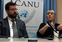 In this Monday, Aug. 27, 2018 file photo, Peter Asaro, left, of the International Committee for Robot Arms Control, and Jody Williams of the Nobel Women's Initiative speak to reporters at a news conference in Geneva, Switzerland.
