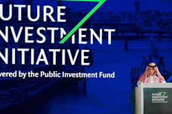 In this Oct. 24, 2017 photograph released by the state-run Saudi Press Agency, Saudi Minister of Commerce and Investment Majid al-Qasabi talks to the audience at the opening of Future Investment Initiative conference in Riyadh.