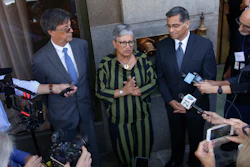 Cal/EPA Secretary Matthew Rodriguez, California Air Resources Board Chair Mary Nichols and California Attorney General Xavier Becerra after speaking during the first of three public hearings on the Trump administration's proposal to roll back car-mileage standards.
