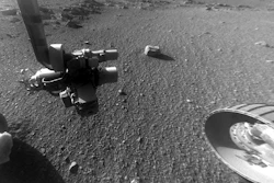 This Jan. 4, 2018 photo made available by NASA shows a view from the front Hazard Avoidance Camera of the Opportunity rover on the inboard slope of the western rim of Endeavour Crater on the planet Mars.