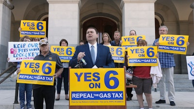 Carl DeMaio discusses a ballot measure he is proposing to provide money for road repairs and eliminate high-speed rail on Tuesday, Sept. 25, 2018, in Sacramento, Calif.