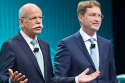 In this Jan. 13, 2014 file photo Mercedes-Benz marketing chief Ola Kallenius, right, stand with Daimler Chairman Dieter Zetsche at the end of a press conference at the North American International Auto Show in Detroit, Mich.