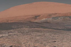 This image provided by NASA, assembled from a series of January 2018 photos made by the Mars Curiosity rover, shows an uphill view of Mount Sharp, which Curiosity has been climbing.