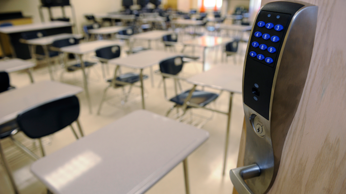 This May 29, 2008, photo shows a bullet-resistant lock installed by NetTalon Security Systems on the door of a classroom at McKinley Middle Magnet School in Baton Rouge, La.