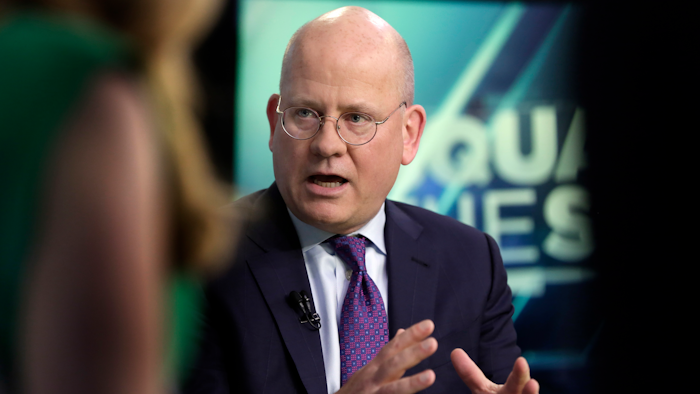 In this June 26, 2018, file photo, General Electric Chairman & CEO John Flannery is interviewed on the floor of the New York Stock Exchange.