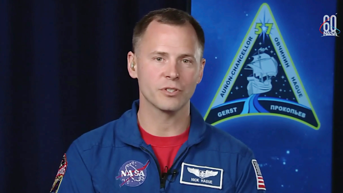 In this frame from video from NASA TV, NASA astronaut Nick Hague, who survived the Oct. 11, 2018, failed launch and emergency landing, speaks Tuesday, Oct. 16, 2018, from the NASA Johnson Space Center in Houston.