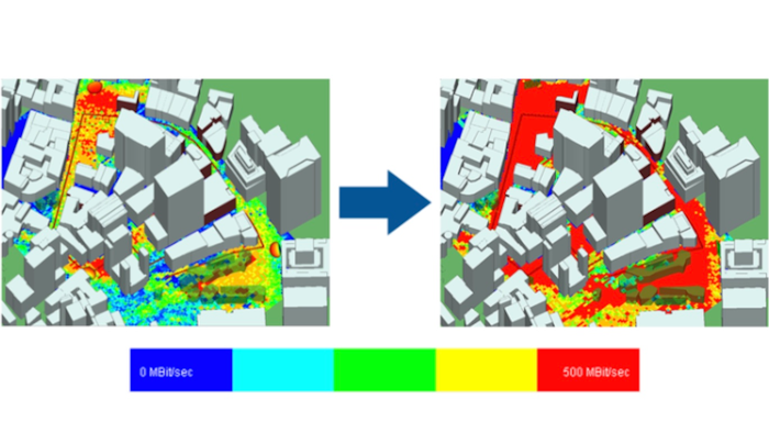 Side-by-side comparison showing throughput in downtown area using single antennas (left) vs. MIMO beamforming (right).