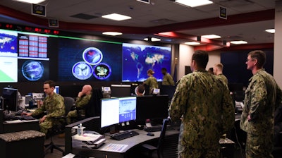 Sailors stand watch in the Fleet Operations Center at the headquarters of U.S. Fleet Cyber Command/U.S. 10th Fleet (FCC/C10F) at Fort George G. Meade, Maryland, Sept. 27, 2018.