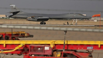 A B-1 Lancer sits after making an emergency landing at Midland International Air and Space Port May 1 in Midland, Texas.
