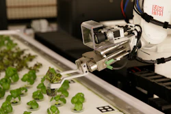 In this Thursday, Sept. 27, 2018, photo a robotic arm lifts plants being grown at Iron Ox, a robotic indoor farm, in San Carlos, Calif.