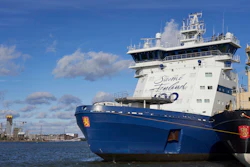 In this photo taken taken Thursday Sept. 27, 2018, the Finnish icebreaker Polaris is moored in Helsinki after an oil spill response drill.