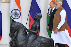 Indian Prime Minister Narendra Modi and Russian President Vladimir Putin arrive for a meeting in New Delhi, India, Friday, Oct. 5, 2018.