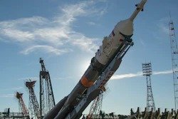 The Soyuz rocket is raised into a vertical position on the launch pad, Tuesday, Oct. 9, 2018 at the Baikonur Cosmodrome in Kazakhstan.