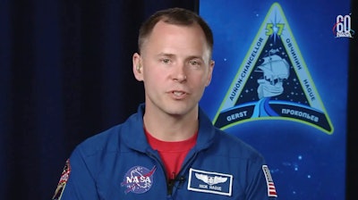 In this frame from video from NASA TV, NASA astronaut Nick Hague, who survived the Oct. 11, 2018, failed launch and emergency landing, speaks Tuesday, Oct. 16, 2018, from the NASA Johnson Space Center in Houston.