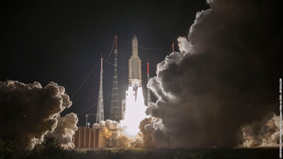 In this photo released by European Space Agency, the Ariane 5 rocket carrying BepiColombo lifts off from its launch pad at Kourou in French Guiana.