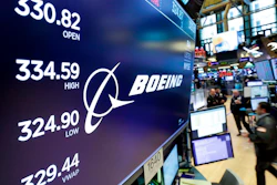 In this April 6, 2018, file photo the logo for Boeing appears above the post where it trades on the floor of the New York Stock Exchange.