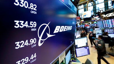 In this April 6, 2018, file photo the logo for Boeing appears above the post where it trades on the floor of the New York Stock Exchange.