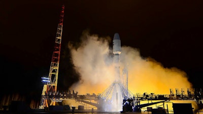 In this photo taken on Thursday, Oct. 25, 2018, a Russian Soyuz-2 booster rocket takes off from the Plesetsk launch facility in northwestern Russia.