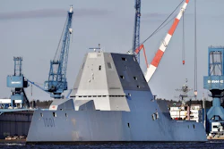 A stealth destroyer leaves Bath Iron Works for sea trials in this Dec. 4, 2017 file photo.