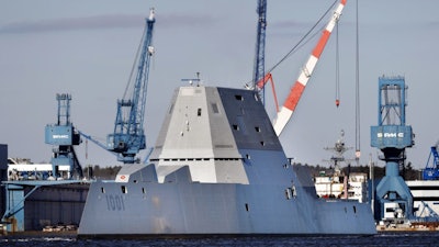 A stealth destroyer leaves Bath Iron Works for sea trials in this Dec. 4, 2017 file photo.