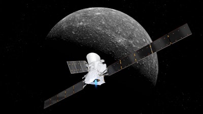 Artist’s impression of the BepiColombo spacecraft in cruise configuration, with Mercury in the background.