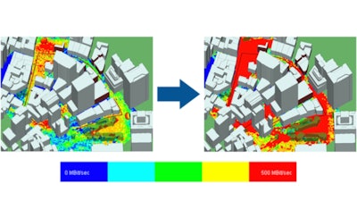 Side-by-side comparison showing throughput in downtown area using single antennas (left) vs. MIMO beamforming (right).