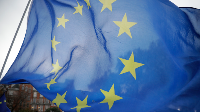 A European flag blows in the wind on College Green near the Houses of Parliament in London, Thursday Nov. 15, 2018.