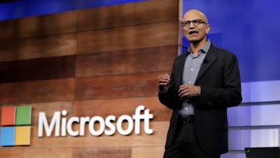 This Nov. 29, 2017, file photo shows Microsoft CEO Satya Nadella speaking at the annual Microsoft shareholders meeting in Bellevue, Wash.
