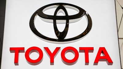 This Feb. 15, 2018, file photo shows a Toyota logo at the Pittsburgh Auto Show.