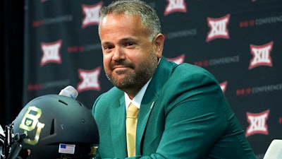 In this July 17, 2018, file photo, Baylor head coach Matt Rhule speaks during the NCAA college football Big 12 media days, in Frisco, Texas.
