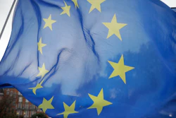 A European flag blows in the wind on College Green near the Houses of Parliament in London, Thursday Nov. 15, 2018.