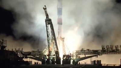 Russian cargo ship Souz FG with the Progress MS-10 takes off from the launch pad at Russia's main space facility in Baikonur, Kazakhstan.