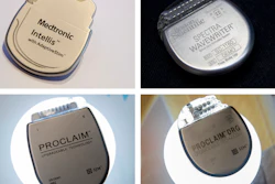 This combination of Aug. 25, 2018 photos shows demonstration models of implantable neurostimulators.