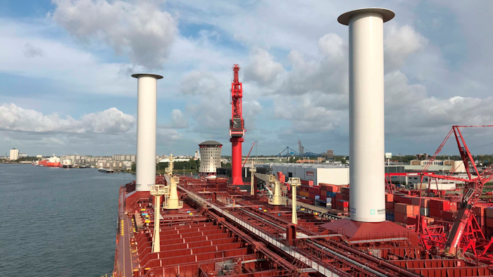 Finnish startup company Norsepower installed its rotor sail technology on the Maersk Pelican tanker, Aug. 29, 2018, at Rotterdam, Netherlands.