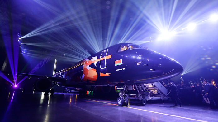 In this Dec. 12, 2018, file photo, a plane from the Brazilian plane-maker Embraer 195 is displayed in Minsk, Belarus.