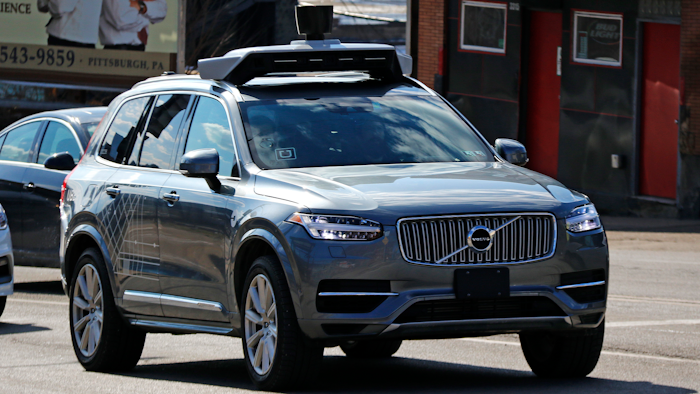 This March 17, 2017, photo shows an Uber self-driving Volvo in Pittsburgh.