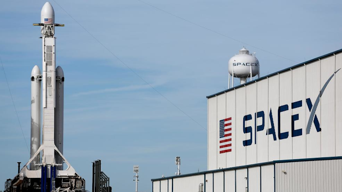 A SpaceX Falcon 9 heavy rocket at the Kennedy Space Center in Cape Canaveral, Fla., Monday, Feb. 5, 2018.